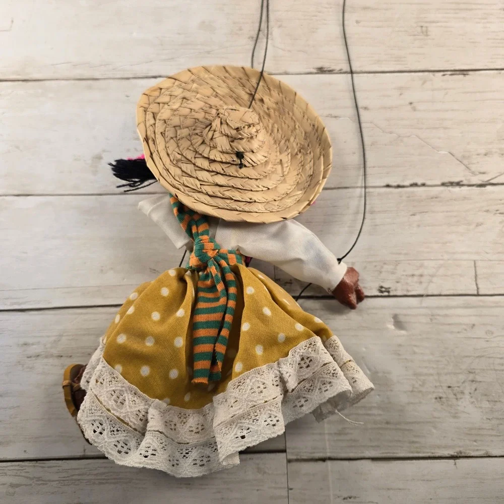 Vintage Mexican Folk Art Marionette Puppet Mother and Baby Straw Hat Polka Dot